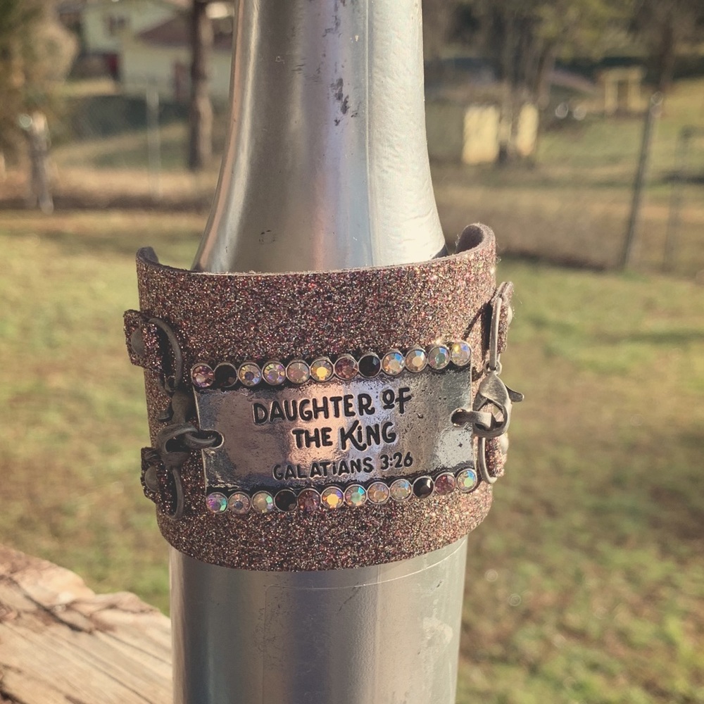 Pink glitter faux leather cuff.  2 in wide